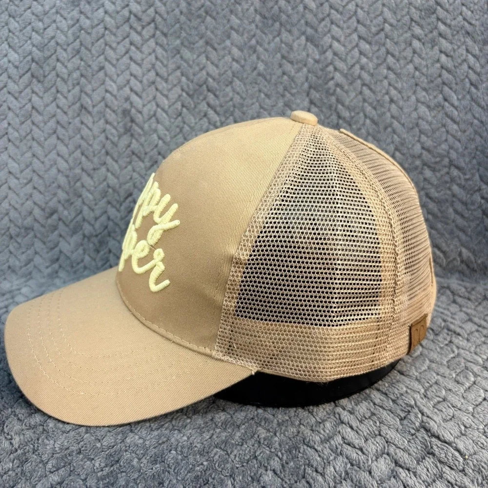 C.C Exclusives Happy Camper Tan Khaki Ponytail Mesh Back Trucker Hat Cap
